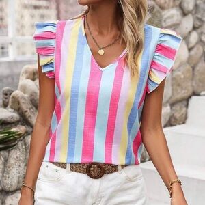 Striped Multicolor Ruffle Sleeve Top